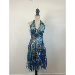 SUZI CHIN for Maggy Boutique Vintage Y2K Silk Backless Blue Halter Swing Dress 6